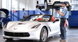 Standing AAMCO mechanic examine Corvette for fluid check